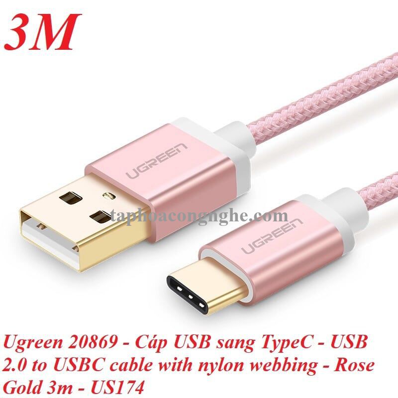 Ugreen 20869 3M màu Hồng Dây USB 2.0 sang Type-C đầu nhôm dây bọc vinyl US174 30020869